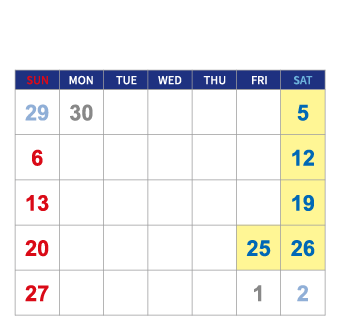 2026年12月の開催日カレンダー