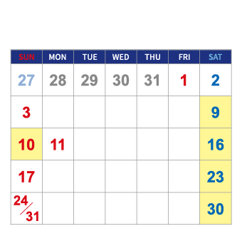 2027年1月の開催日カレンダー