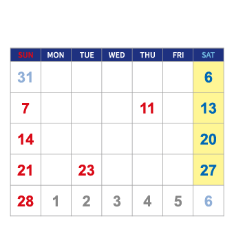 2027年2月の開催日カレンダー