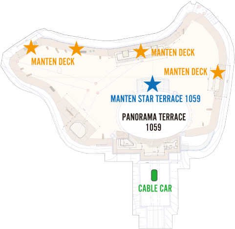 十国峠PANORAMA TERRACE 1059 会場マップ。MANTEN DECK、MANTEN STAR TERRACE、ケーブルカー乗り場の位置